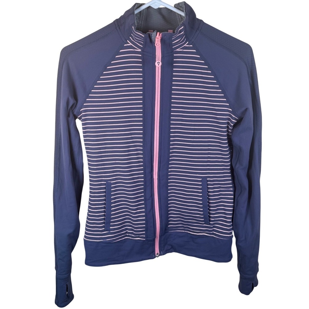 Ivivva Full Zip Reversible Active Jacket Kids Size 14 Navy Pink Grey Striped
